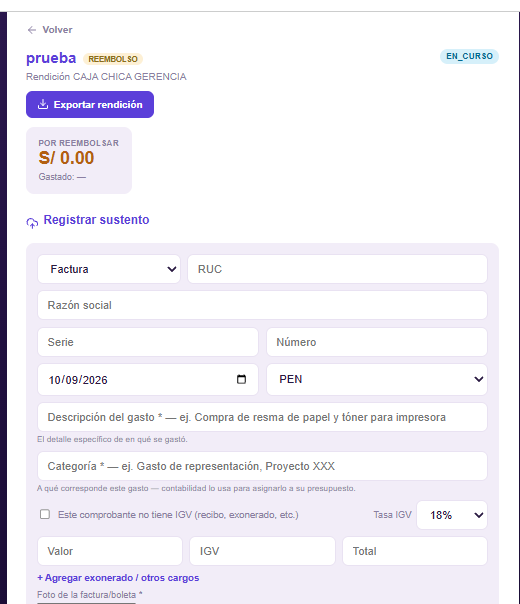Registrar sustento en una caja de reembolso en ContaPRO+