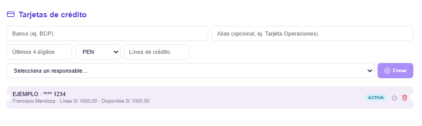 Panel de tarjetas de crédito en ContaPRO+